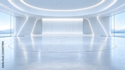 Futuristic white automotive showroom interior with curved ceiling, glossy reflective floor, illuminated walls, and centered empty display alcove, creating a clean luxury stage for vehicle presentation