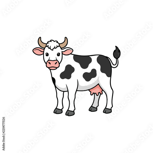 A cute cartoon illustration of a spotted black and white cow standing on a white background.