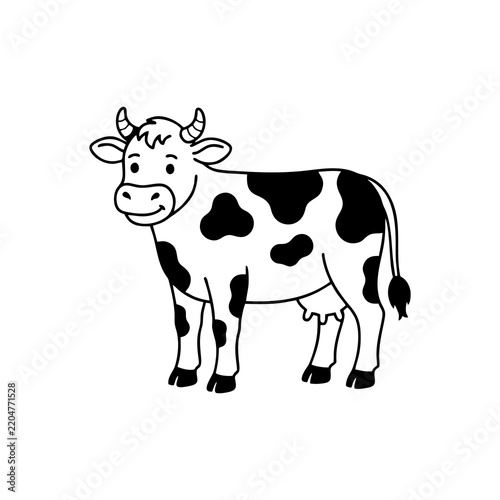 Cute cartoon cow character isolated on a white background in black and white line art style.