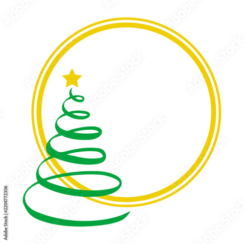 Tiempo de Navidad. Logo con el dibujo sencillo de una estrella y un árbol de navidad abstracto con línea en espiral en marco circular dorado, para tarjetas y felicitaciones de Navidad