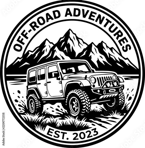 Off-Road Adventure Vintage Badge with SUV and Mountains
