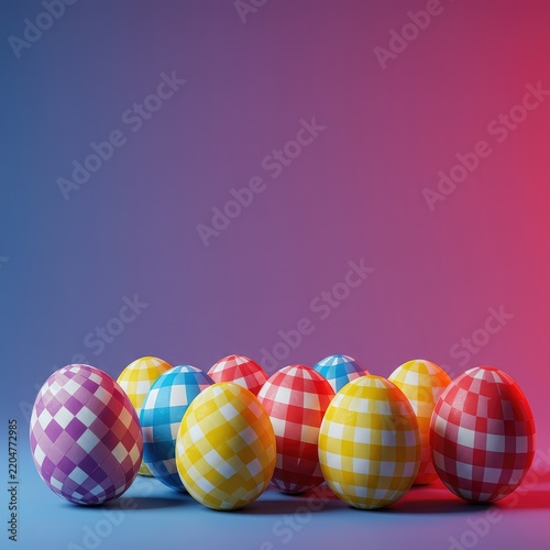 Colorful Easter eggs decorated with vibrant checkered patterns arranged neatly for a festive spring holiday background ,festive ,celebration ,modern