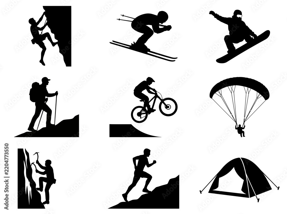 Obraz premium Silhouette collage of extreme sports and outdoor adventure activities.