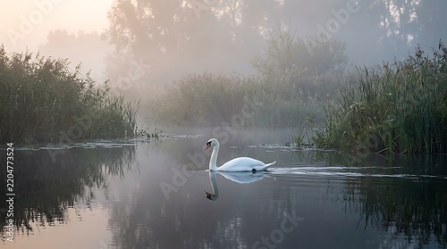 White swan swimming on a calm misty lake at dawn