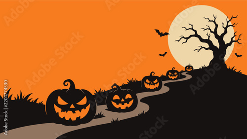 Spooky Halloween landscape background featuring carved pumpkins along winding path with dead tree and full moon on orange sky