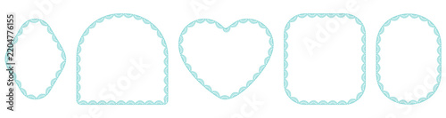 Pale cyan bold eyelet scallop lace borders outline diamond, arch, heart, square plus oval frames on white as classic vintage cutwork trim for wedding invitations or cottagecore craft label cards.