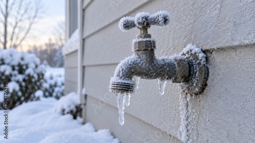 Frozen Outdoor Water Faucet Covered with Frost Beside House Wall