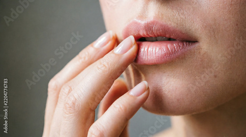 Close up of a woman's manicured hand touching her lips showing soft skin and neutral nails.