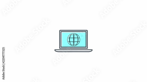 Minimalist Digital Laptop Icon Animation Featuring Spinning Global Earth Globe.