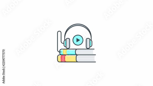 Minimalist Illustration of Headphones Resting on a Stack of Books for Education and E-learning.