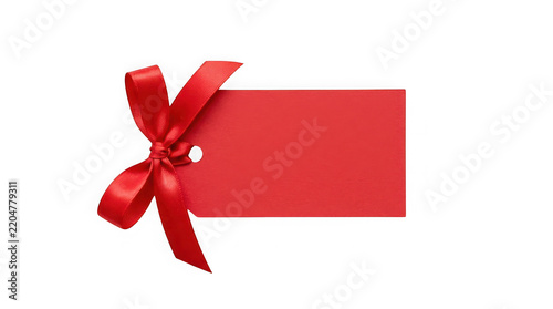Red gift tag with a red ribbon bow isolated on transparent background