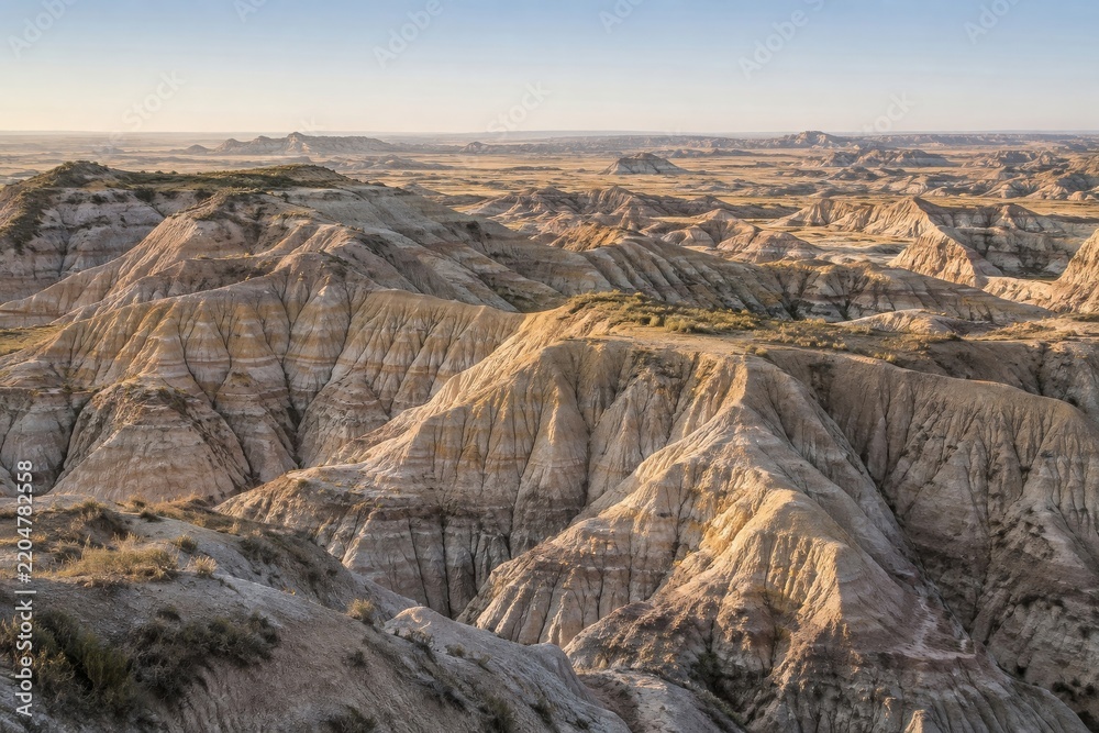 Fototapeta premium Eroded clay badlands with branching gullies in morning light