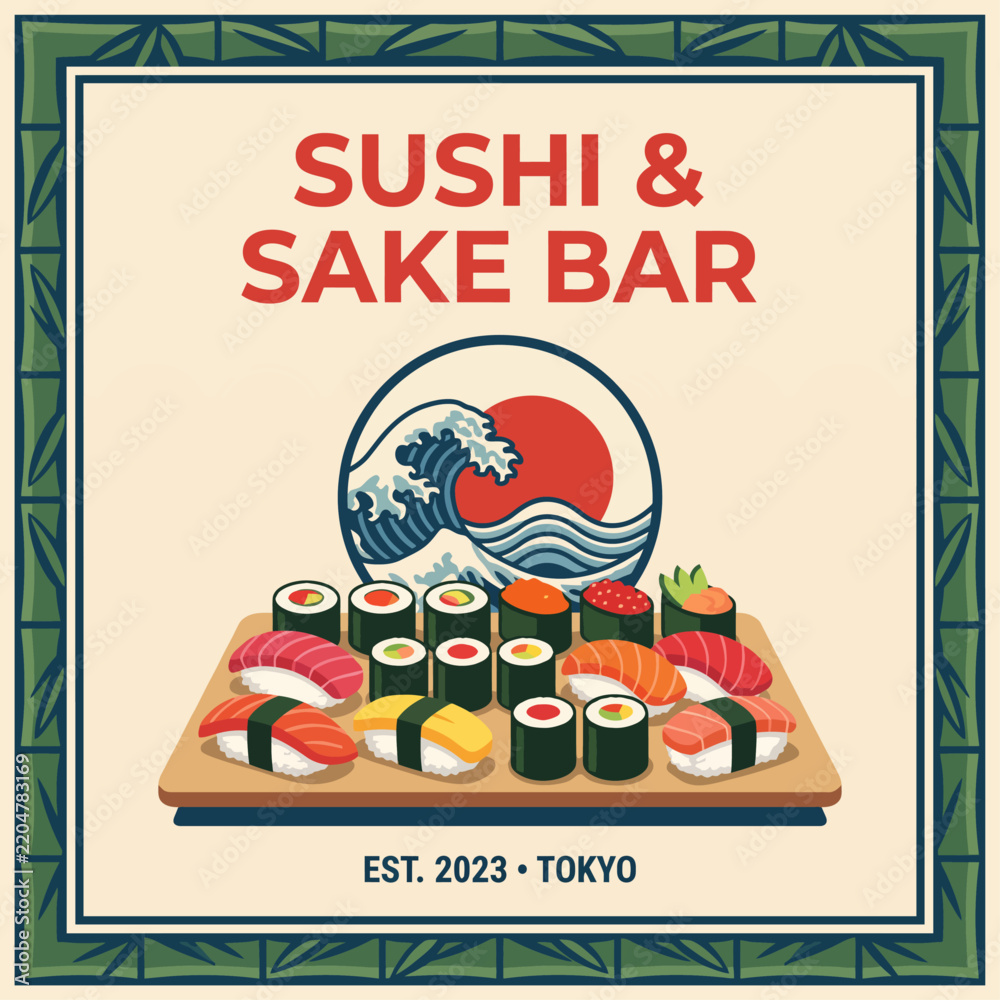 Fototapeta premium Featuring sushi and sake with traditional Japanese motifs, this image highlights culinary tradition through bold colors and artistic wave patterns.