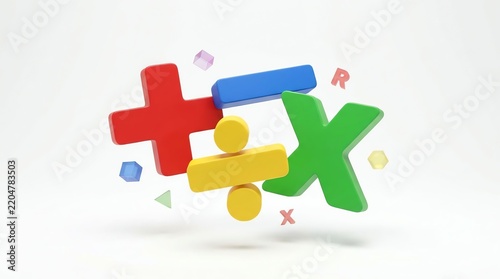 Colorful Math Symbols Floating in Mid-air Against a White Background