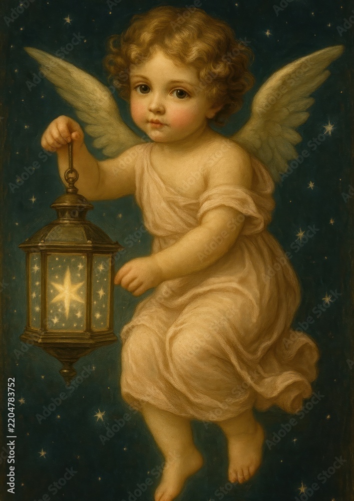 Fototapeta premium Cherubic angel holding lantern