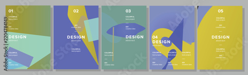 Collection of five abstract geometric designs, each featuring vibrant colors, shapes, and text elements, perfect for creative project layouts, branding, and minimalist backgrounds