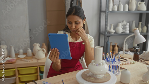Photography Woman in a ceramics studio holds a blue tablet, touches the screen with fingertip and rests chin on hand; creative focus