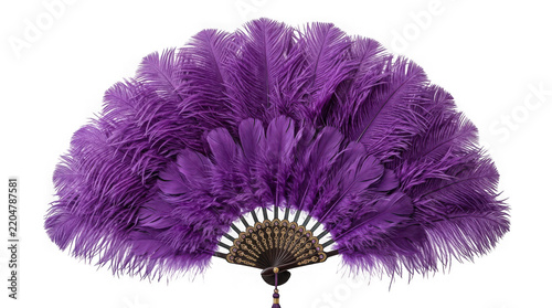 Elegant purple ostrich feather fan with ornate handle isolated on transparent background