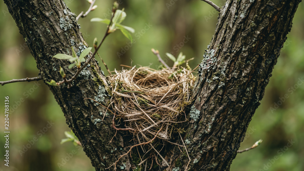 Obraz premium Natural Bird Nest Between Tree Branches in Wild Forest for Wildlife Habitat and Nature Conservation