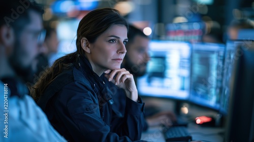 Focused government cybersecurity officer monitoring network traffic and digital threats on multiple computer screens in an operations center.