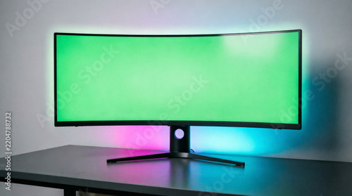 Curved ultrawide monitor displaying a vibrant green screen with colorful ambient room lighting.
