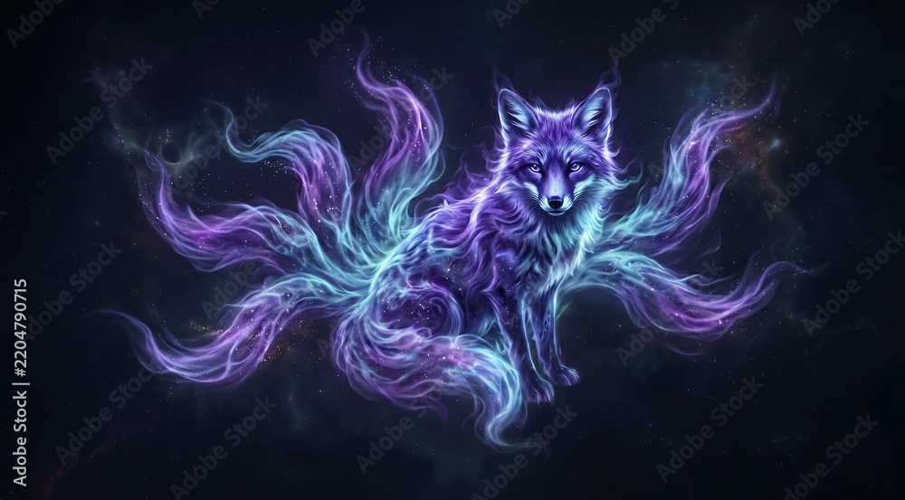 Fototapeta premium Digital illustration of a mystical multi-tailed fox made of glowing cosmic energy and nebulae, floating in deep space. Fantasy art, celestial concept, magical creature.