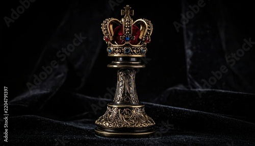 Ornate Chess Piece with Crown on Black Velvet Background.