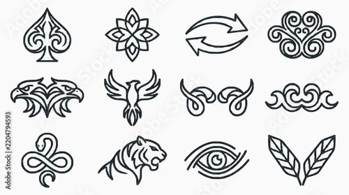 Tribal animal and symbol outlines collection set for tattoo design