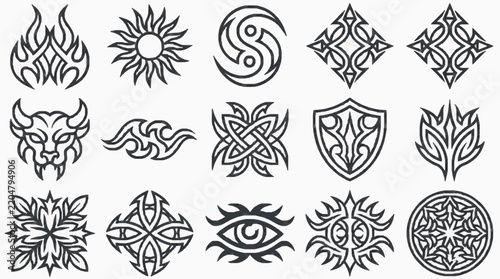 Collection of black tribal tattoo symbols and decorative cultural motifs