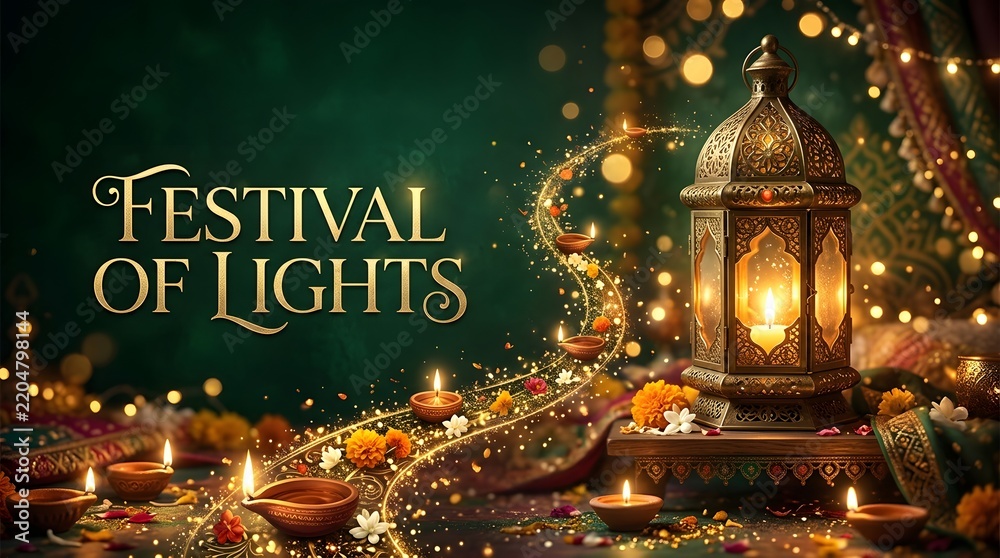Fototapeta premium A beautiful festive background celebrating happy diwali with glowing lanterns and traditional oil lamps creating a warm atmosphere for the auspicious hindu festival of lights