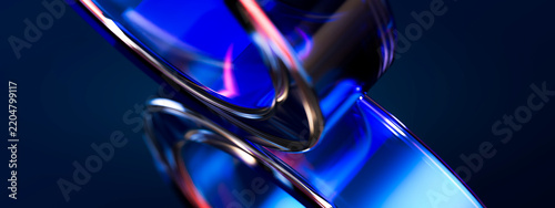 3D closeup glass loop crossing with electric blue glow on dark abstract technology background