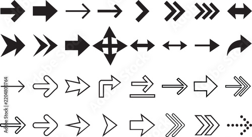  Collection of  hand drawn various black arrow icons pointing in different directions on a white background