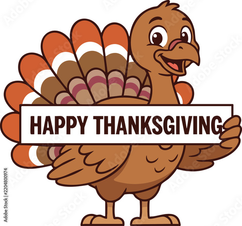 Hand drawn Cartoon turkey character holding a sign that says happy thanksgiving