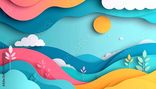 Vibrant Paper Cut Landscape with Sun and Clouds.