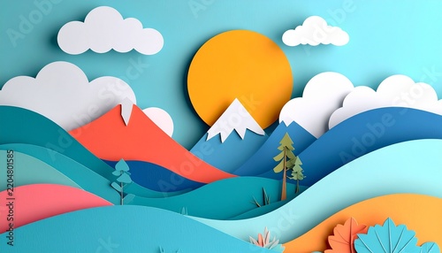 Vibrant Paper Cut Landscape with Mountains and Sun.