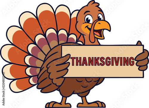 Hand drawn  Cartoon turkey character holding a banner that says thanksgiving with a cheerful expression