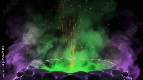 Bubbling witch cauldron brewing green and purple magical smoke