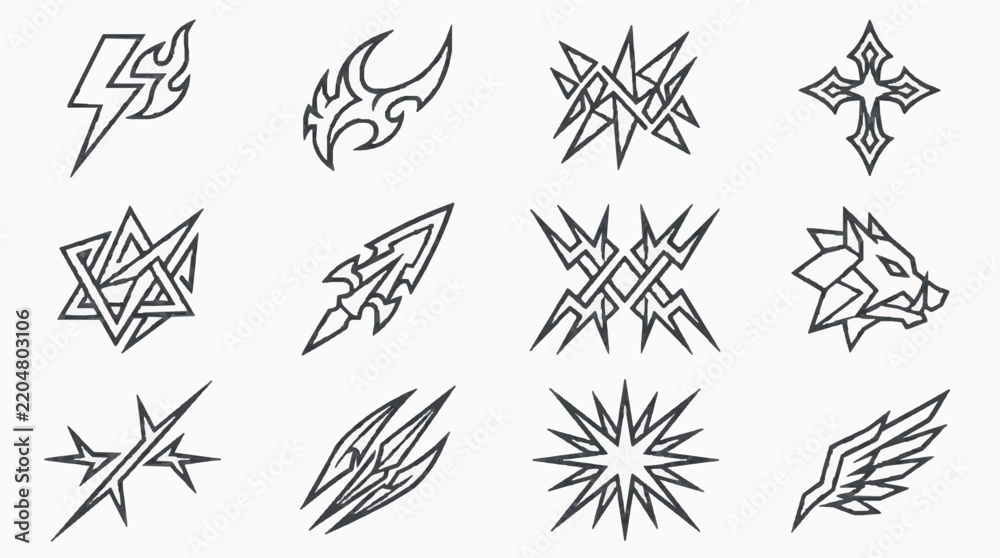 Fototapeta premium Set of tribal style geometric shapes and abstract black ink symbols