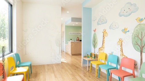 A cheerful wellness clinic reception area features colorful chairs and a whimsical wall mural. A friendly receptionist sits behind a wooden desk.