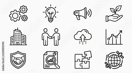 Business concept outline icons set featuring corporate and strategy symbols