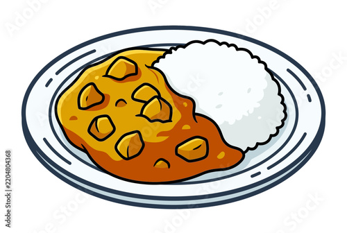 Delicious Japanese Curry Rice Served on a White Plate Illustration, Vector Cartoon Style Isolated on White Background, Spicy Yellow Curry Sauce with Vegetable Chunks and Steamed Rice Bowl Meal