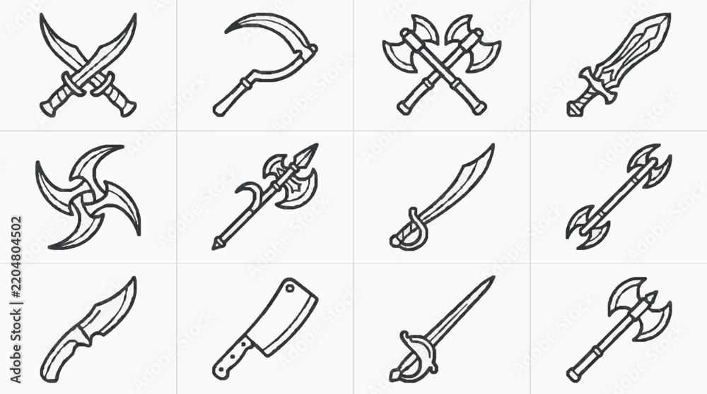 Fototapeta premium Hand drawn sketch set of various historical blades and sharp weapons on white background