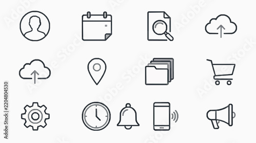 Minimalist set of six interface icons representing common digital tools