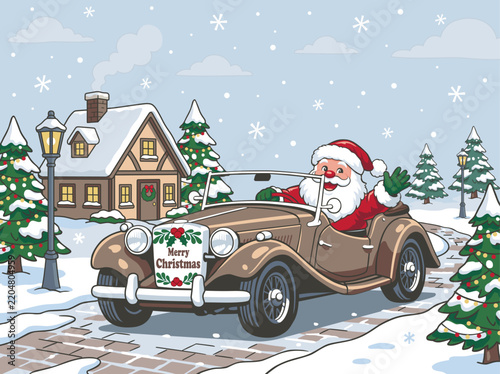 Christmas Greetings Card With Santa Claus Riding Car