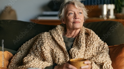 Elderly Woman in a Blanket, Watching Television