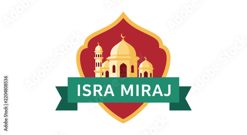 Isra Miraj Islamic Festival Emblem with Mosque Illustration Isolated on White Background