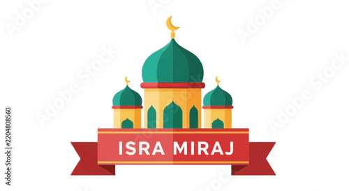 Isra Miraj Islamic Mosque Illustration with Crescent Moon and Banner - Religious Holiday Icon