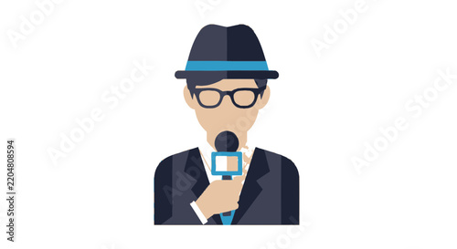 Journalist Reporter with Microphone and Hat, Isolated Icon