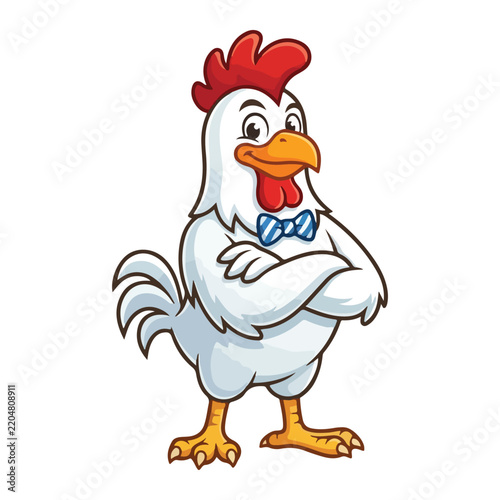 Smiling white rooster mascot cartoon character with blue bowtie and crossed arms