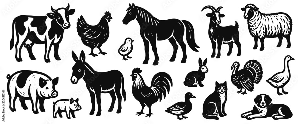 Fototapeta premium Farm animal linocut icon set. Cow, horse, goat, sheep, pig, donkey, poultry, rabbit, cat and dog for rural themes. Hand drawn black vector illustration in vintage woodcut print style.